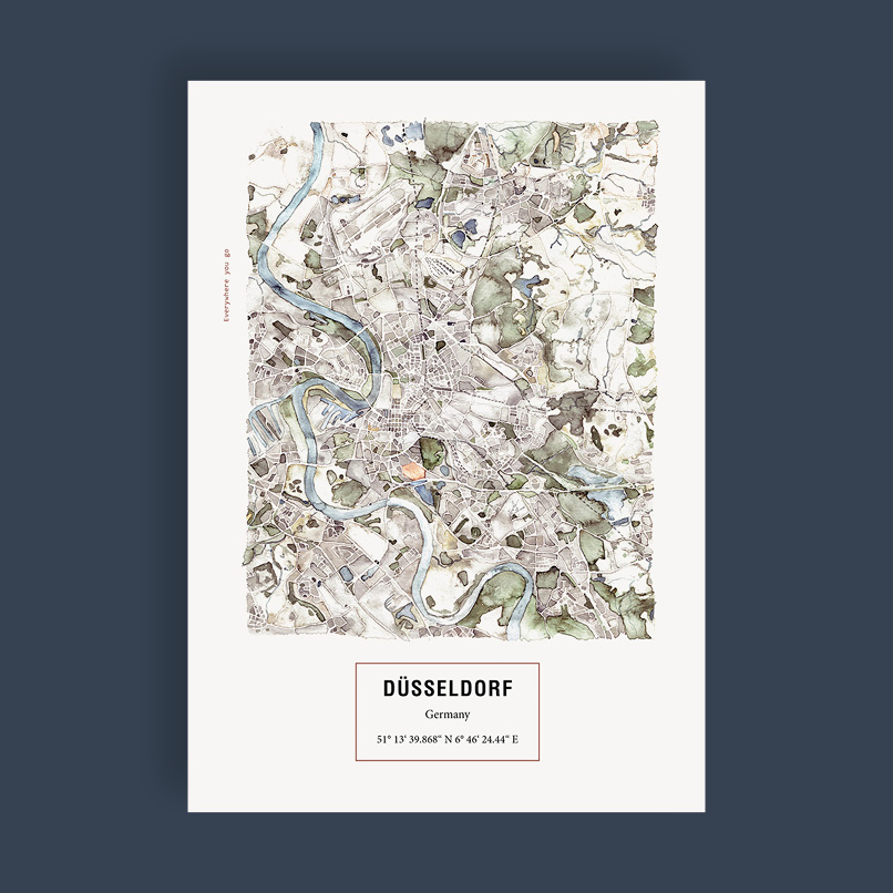 Handgemalter Aquarellstadtplan Düsseldorf – Bild 2